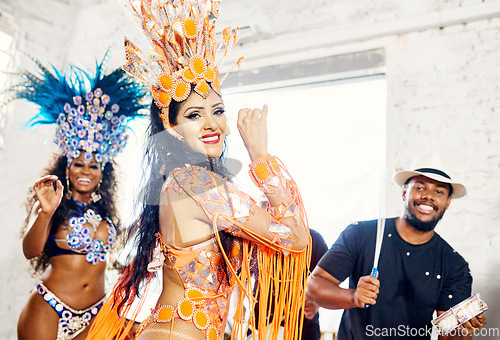 Image of Samba, music and dance with women at carnival for celebration, party and festival in Rio de Janeiro. New year break, show and creative with brazil girl for performance, holiday and new year event