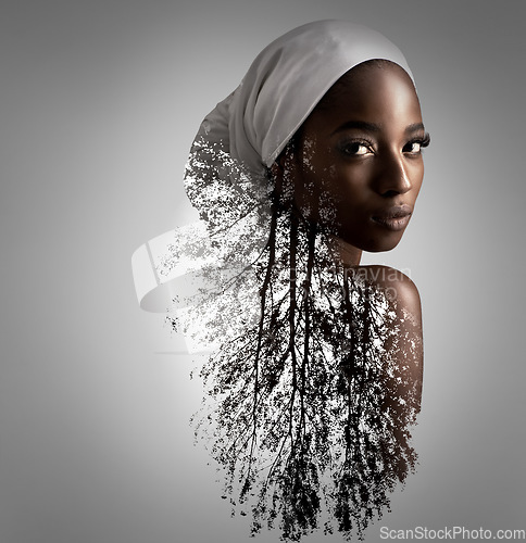 Image of Natural, beauty and portrait of black woman in studio for double exposure, mockup and cosmetics. Abstract, art and overlay with face of female model isolated on gray background for nature and trees