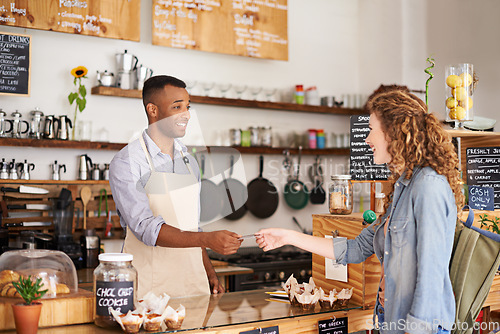 Image of Credit card, barista man and customer at a coffee shop with a payment and cafe worker. Restaurant, male service employee and female person paying for drink at checkout with waiter and smile in store