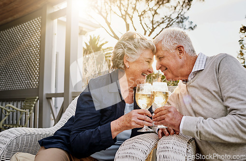 Image of Love, cheers and wine, old couple celebrate romance or anniversary on patio of vacation home. Happiness, senior man and woman touching heads with champagne toast, smile and romantic date on holiday.