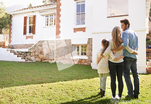 Image of New house, love or happy family hug for real estate, property or dream home purchase, sale or investment. Mortgage, people moving or back of outdoor parents, child or homeowner embrace for relocation