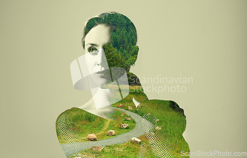 Image of Woman, thinking and double exposure with nature, grass or ideas for adventure, sustainability or outdoor. Girl, brainstorming and vision with holographic overlay of forrest, woods or field for future