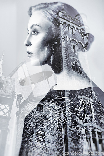 Image of Woman, building and double exposure with black and white effect for city art deco. Creative, architecture and church overlay on young female model with urban buildings design for monochrome and idea