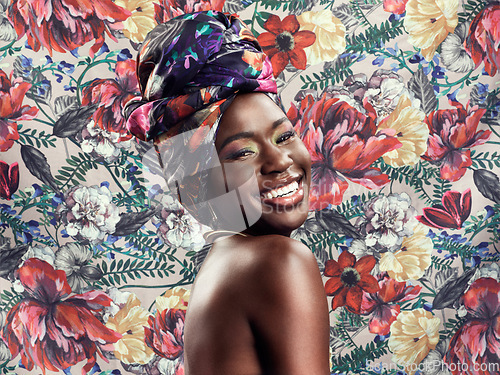 Image of Fashion, beauty and portrait of black woman on flower background with glamour, cosmetics and makeup. Floral pattern, happy and face of female person in exotic jewelry, African style and head scarf