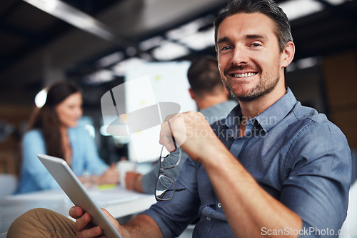 Image of Portrait, man and tablet in office meeting with coworkers, colleagues and boardroom management. Mature businessman, happy and startup business with modern technology, workplace and leadership