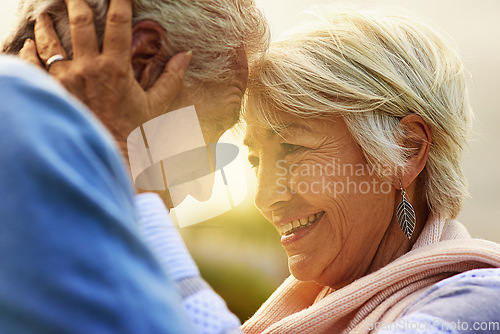 Image of Love, forehead and senior couple outdoor, relationship and romance with happiness, retirement and bonding. Partners, mature man and old woman in a park, hug and retired with marriage and anniversary