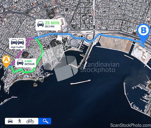 Image of Satellite map, direction and location with travel information and navigation guide with route for trip. Technology, app and aerial view with journey info, transportation destination pin and landmark