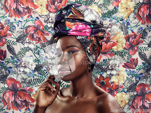 Image of Portrait, floral and black woman with a head wrap, fashion and confidence with style, trendy and cultural. Face, female person and model with traditional headdress, colorful and beauty with pride