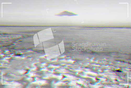 Image of UFO, alien and viewfinder on a camera screen with a spaceship in the sky over area 51. Camcorder, spacecraft and conspiracy theory with a flying saucer on a display to record a sighting of aliens