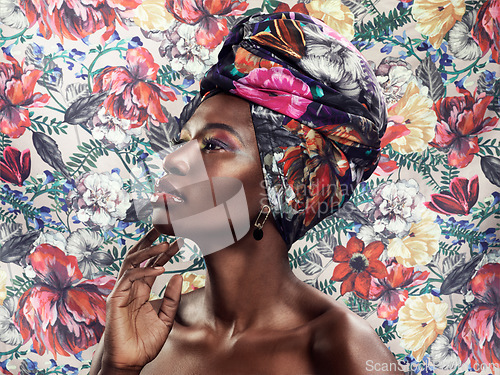 Image of Black woman in African turban, fashion on flower background and beauty, makeup with floral aesthetic. Natural cosmetics, profile and female model in traditional head wrap with creativity and style