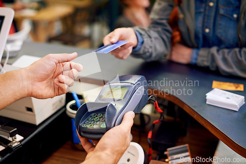 Image of Man hands, customer and credit card at a coffee shop for payment machine at restaurant. Business person, debit and scan to pay and buy at a cafe and diner with male store assistant and barista