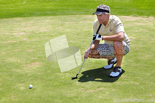 Image of Golf, thinking and green with a sports man outdoor, playing a game for recreation on grass during summer. Planning, fitness and sport with a mature male golfer or athlete on a course for a match