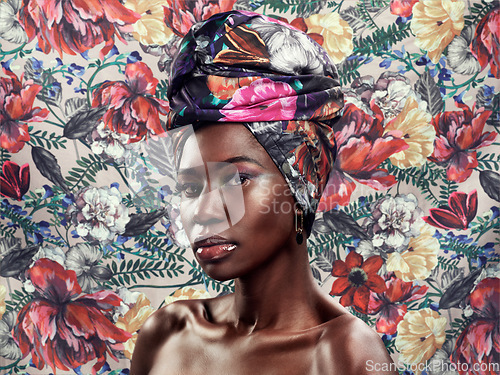 Image of Portrait, flowers and black woman with head wrap, beauty and confident girl against a floral background. Face, female person or model with fashion, glamour and elegant with stylish turban and culture