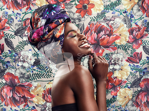 Image of Flower pattern, head wrap and black woman with a smile, beauty and confident girl against a floral background. Female person, nature and model with a turn, fashion and stylish clothes with tradition