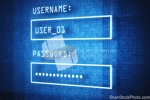 Image of Cybersecurity, password or login information on a screen for access to an online technology database. Computer, safe or secure and user interface with autofill saved data in a bar for cloud computing