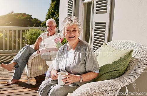 Image of Happy, patio and portrait of senior couple with coffee enjoying bonding, quality time and relax in morning. Love, retirement and elderly man and woman smile with drink for breakfast outdoors at home