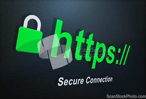 Image of Closeup, https and secure connection for a website, internet search and screen with browser address. Url, engine and protection for online reading, information and monitor with a domain or web design