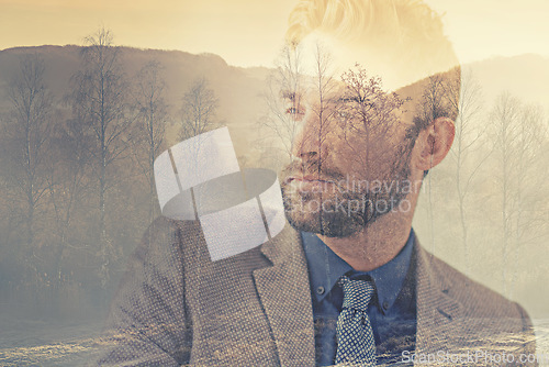 Image of Business man, double exposure and trees for thinking, mindset or vision for development in environment. Sustainability, ecology and woods with businessman, focus and ideas with creative art overlay