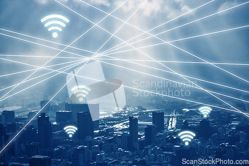 Image of City, connection and network with signal, symbol and communication with information technology, future and website. Town, buildings and connect with data, digital and futuristic with innovation