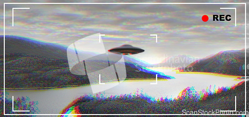 Image of UFO, alien and camcorder viewfinder with a spaceship flying in the sky over area 51 for an invasion. Camera, spacecraft and conspiracy theory with a saucer on a display to record a sighting of aliens