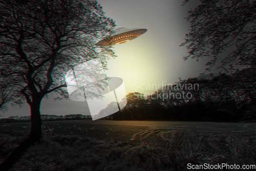 Image of Ufo, forest and spaceship with nature, alien and futuristic with fantasy and travel. Saucer, extraterrestrial and vessel flying over woods, trees or earth with science fiction and invasion