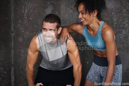 Image of Fitness, happy and couple rest in city after workout, body builder training and exercise outdoors. Sports, relationship and man and woman laughing after running for endurance, wellness and health