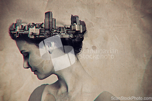 Image of Art, double exposure and woman with city head or New York creativity in mockup space and urban town on a lady. Society, vintage and young female person in a retro design or buildings background