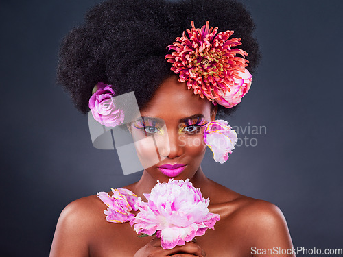 Image of Makeup, flowers and spring with portrait of black woman for beauty, art and creative. Natural, cosmetics and floral with african model isolated on studio background for color, self love or confidence