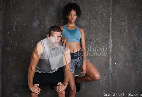 Image of Fitness, wall background and couple in parking lot for workout, body builder training and exercise outdoors. Sports, mockup and man and woman sweating from running for endurance, wellness and energy