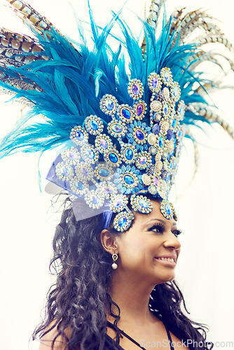 Image of Samba, music and dance with woman at carnival for celebration, party and festival in Rio de Janeiro. Summer break, show and creative with brazil girl for performance, holiday and culture event