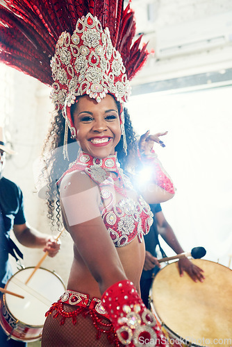 Image of Samba, music and dance with woman at carnival with drums for celebration, party and festival in Rio de Janeiro. Summer break, show and creative with brazil girl for performance, holiday and culture
