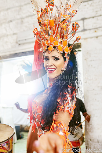 Image of Samba, music and dance with woman at carnival for celebration, party and festival in Rio de Janeiro. Summer break, show and creative with brazil girl for performance, holiday and culture event