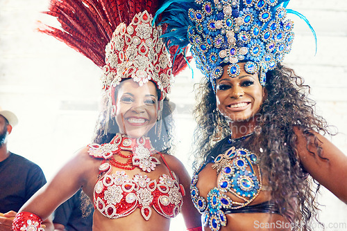 Image of Samba, music and dance with women at carnival for celebration, party and festival in Rio de Janeiro. Summer break, show and creative with brazil girls for performance, holiday and culture event