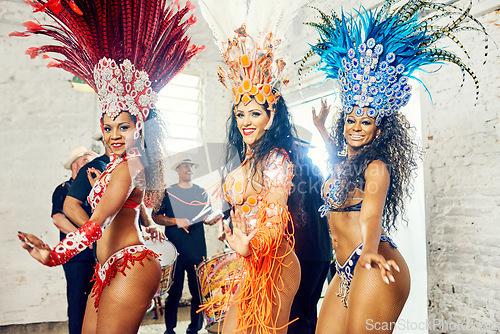 Image of Samba, music and dance with women at carnival for celebration, party and festival in Rio de Janeiro. Summer break, show and creative with brazil girl group for performance, new year and culture