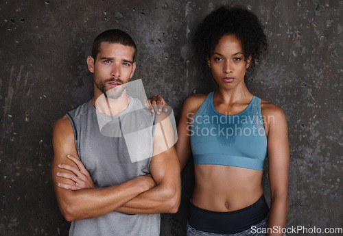 Image of Fitness, wall background and portrait of man and woman for cardio workout, body builder training and exercise. Sports, focus and couple sweat after running for endurance, wellness and energy outdoors