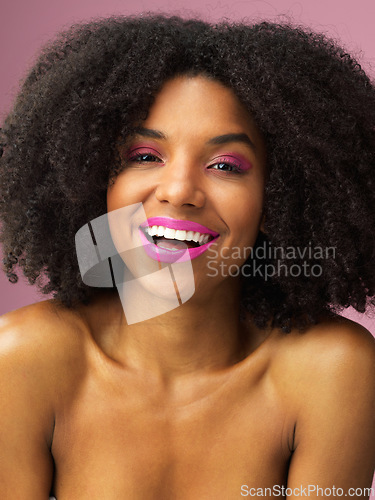 Image of Face, hair care and funny black woman with makeup in studio isolated on a pink background for skincare. Hairstyle portrait, cosmetics and African female model with salon treatment for afro beauty.