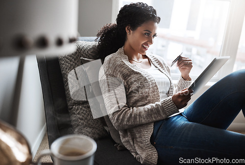 Image of Credit card, tablet and girl and online shopping, ecommerce in home or paying for product, retail or internet finance. Black woman, banking and money for purchase, digital payment or delivery