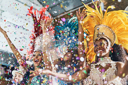 Image of Happy woman, samba dance and confetti in celebration for party, event or festival at carnival. Women dancer in rio for traditional dancing, music or festive band performance in happiness together