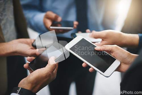 Image of Business people, hands and phone with digital and screen in a office with online data. Contact, collaboration and web management team on mobile with sales charts and social network for planning