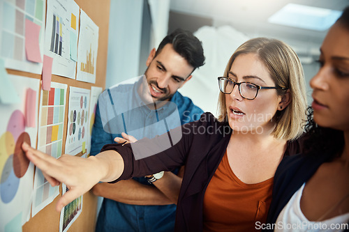 Image of Planning board, research data and people listening to manager, boss or team leader about sales trend results. Group cooperation, communication or business woman explaining report, project or proposal