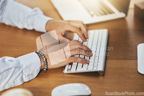 Image of Hands, office or person typing on computer working on business project or online research at office desk. Man, closeup or male worker copywriting on blog report or internet article with keyboard