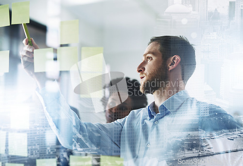 Image of Businessman, coaching and presentation in planning on double exposure for meeting or schedule tasks at office. Man coach or mentor teaching or training staff with sticky note plan with city overlay