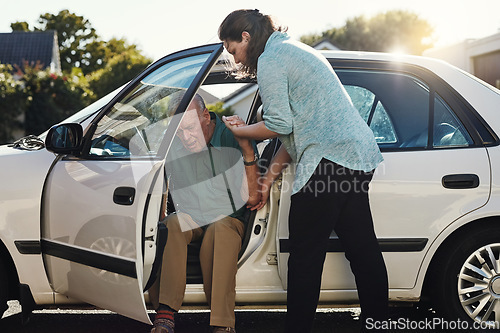 Image of Car, help and woman with senior man for assisted living, retirement care and rehabilitation. Travel, transportation and female caregiver helping elderly male person from motor vehicle for assistance