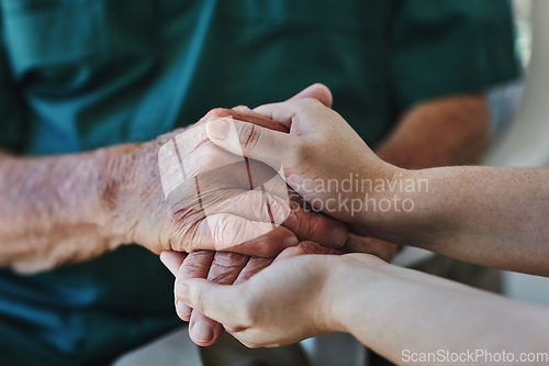 Image of Support, senior man and woman holding hands with care, love and empathy while together for closeup. Hand of elderly male and person for hope, trust and kindness or help with life insurance and health