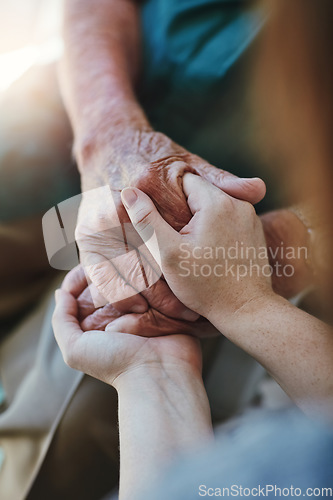 Image of Senior man, woman and holding hands for support with care and empathy while together for closeup. Hand of elderly male and person for hope, trust and kindness or help with life insurance and health