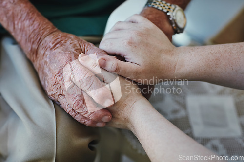 Image of Elderly man, woman and holding hands for support with care and empathy while together for closeup. Hand of senior male and person for hope, trust and kindness or help with life insurance and health
