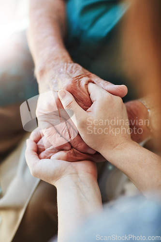 Image of Woman, senior man and holding hands for support with care and empathy while together for closeup. Hand of elderly male and person for hope, trust and kindness or help with life insurance and health