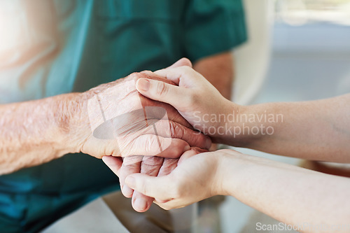 Image of Elderly man, woman and holding hands for care, support and empathy while together for closeup. Hand of senior male and person for hope, trust and kindness or help with life insurance and health