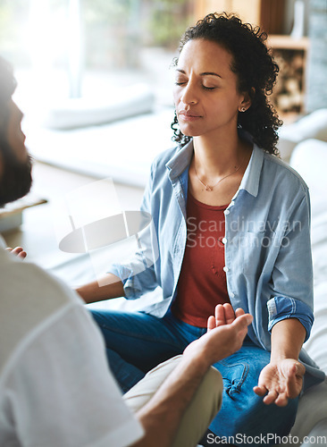 Image of Couple, meditation and spiritual wellness on sofa for mental health, zen or workout in living room together at home. Man and woman yogi in relax, meditate or yoga class on couch for peaceful mind
