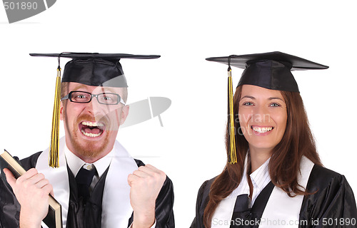 Image of two successful student in graduation gowns 